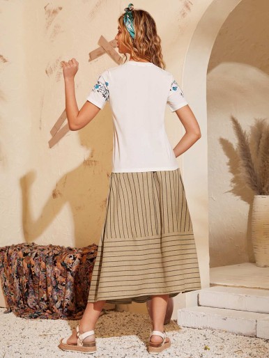 SHEIN Floral Print Tee and Tie Front Striped Skirt Set