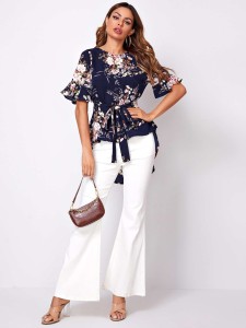 SHEIN Flounce Sleeve High Low Hem Floral Belted Top