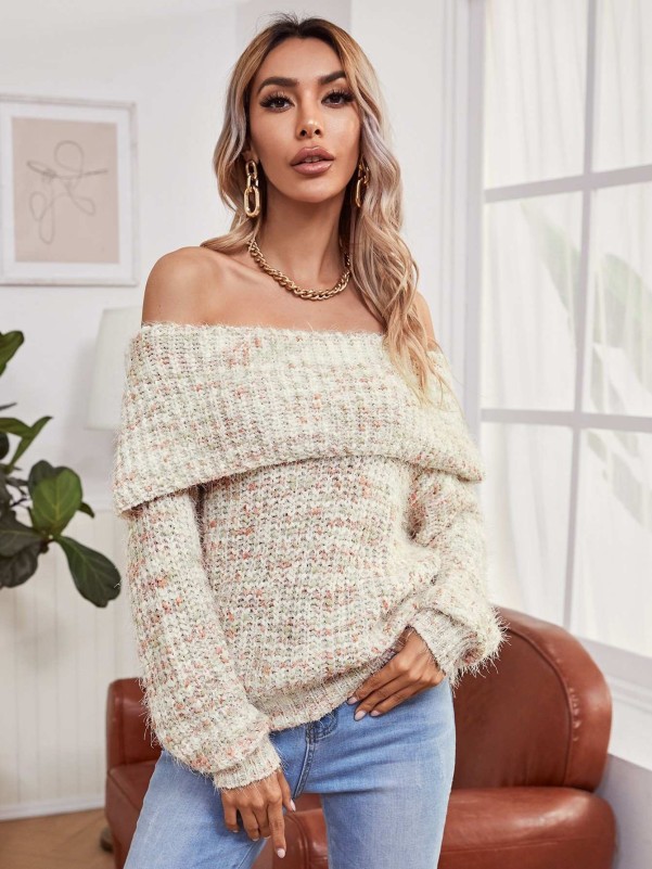 Fold Over Off Shoulder Sweater White