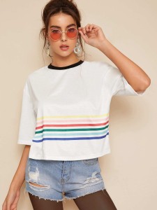 Contrast Trim Rainbow Stripe Tee