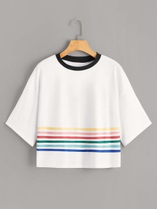 Contrast Trim Rainbow Stripe Tee