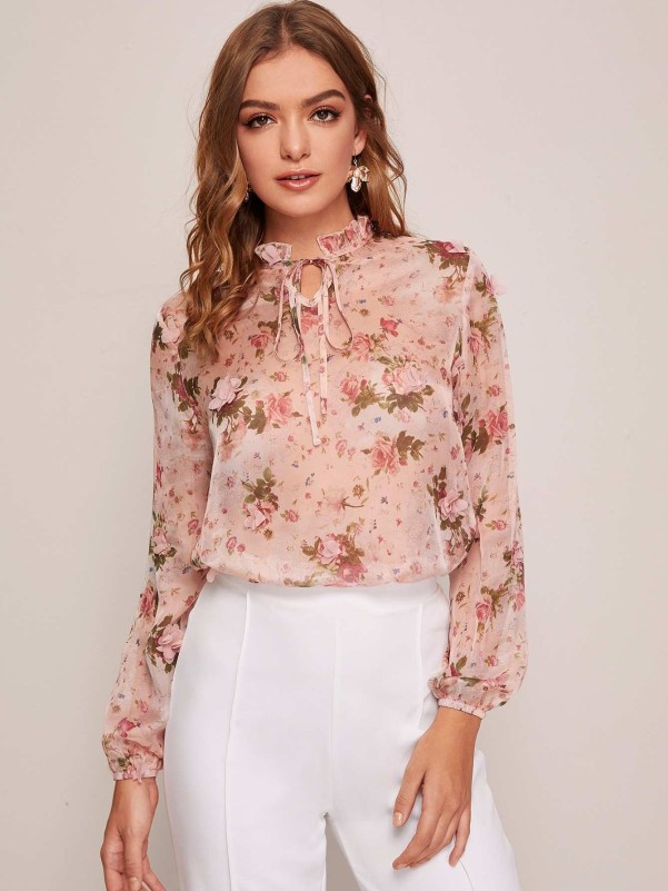 SHEIN Frill Tie Neck Floral Print Sheer Chiffon Blouse