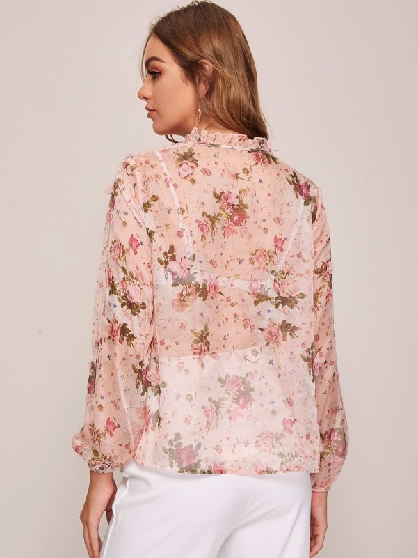 Floral Printed Sheer Chiffon Shirt with Ruffle Details (STO654B