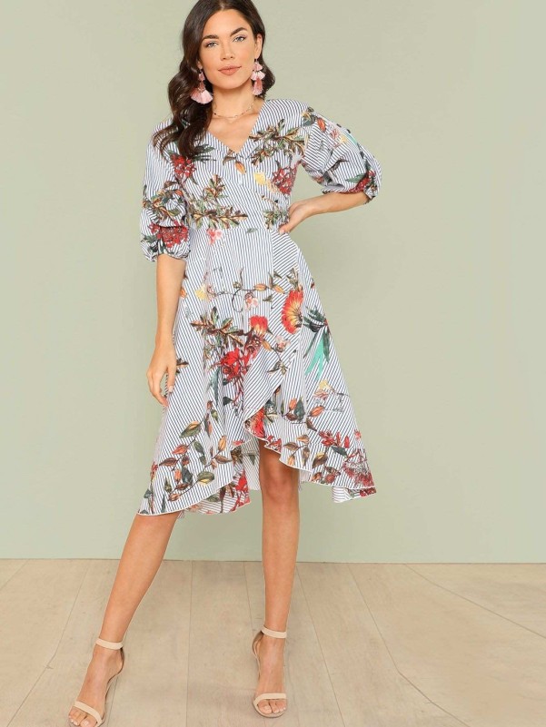 Mixed Print Asymmetrical Ruffle Hem Surplice Wrap Dress