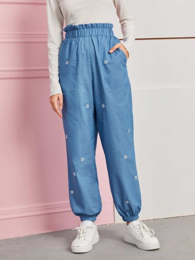 SHEIN Frill Waist Slant Pocket Floral Embroidery Pants