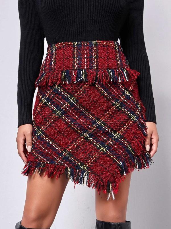 SHEIN Fringe Trim Tartan Asymmetrical Tweed Skirt