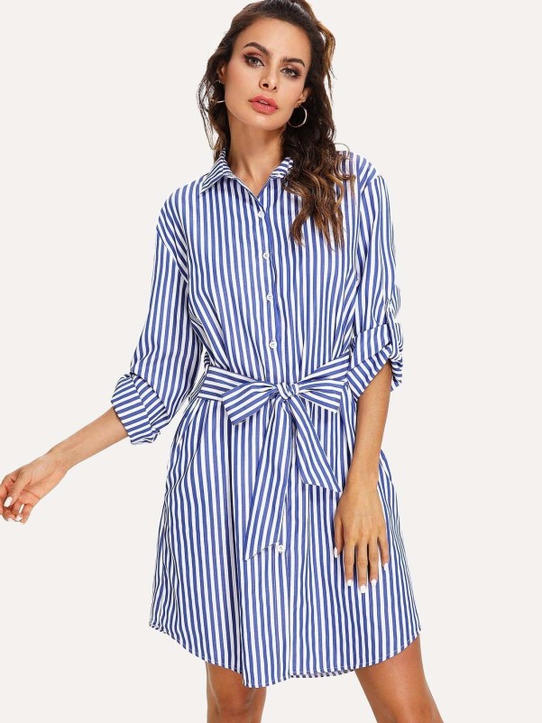 Roll Up Sleeve Tie Waist Stripe Shirt Dress