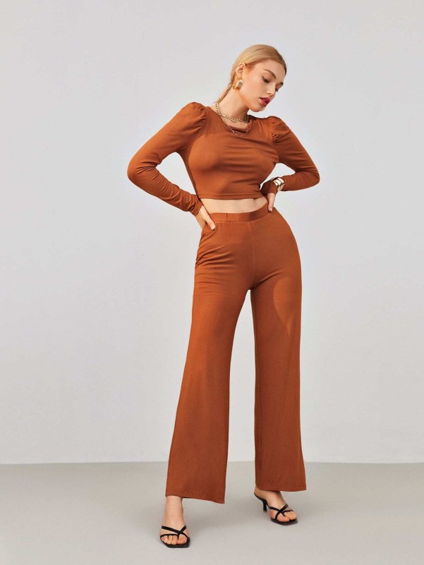 SHEIN Gigot Sleeve Solid Crop Top & Palazzo Pants Set