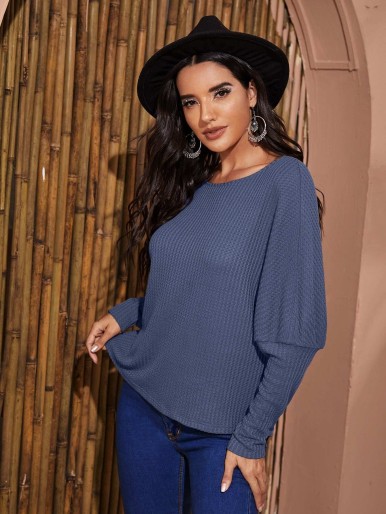 SHEIN تي شيرت سادة بأكمام Gigot Waffle Knit