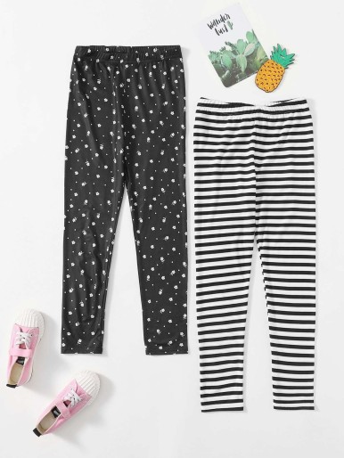 SHEIN Girls 2 Pack Ditsy Floral & Striped Leggings