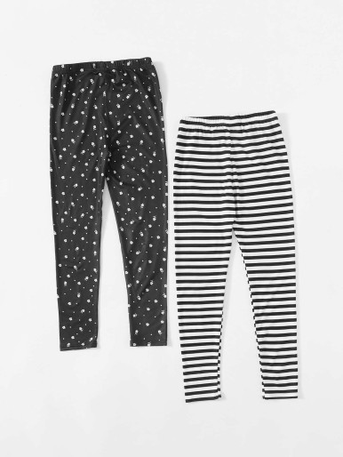 SHEIN Girls 2 Pack Ditsy Floral & Striped Leggings