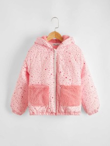 SHEIN Girls All Over Heart Print Zip Up Puffer Jacket