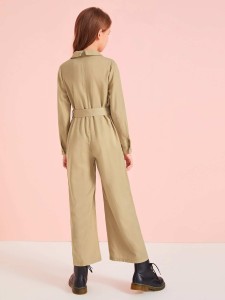 SHEIN Girls Double Breasted Self Belted Wide Leg Shirt Jumpsuit