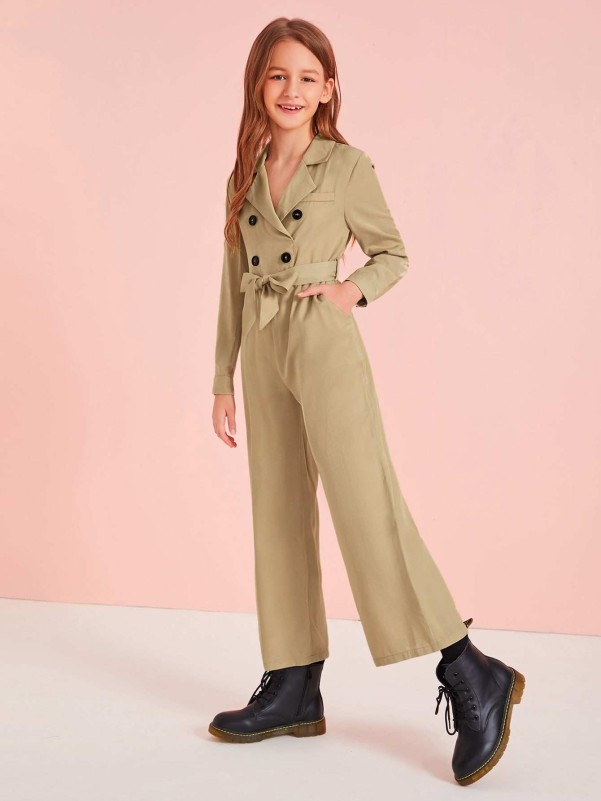 SHEIN Girls Double Breasted Self Belted Wide Leg Shirt Jumpsuit