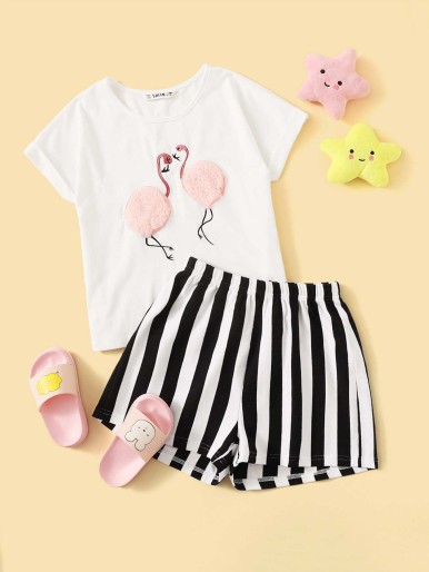 SHEIN Girls Flamingo Embroidered Top and Shorts Set