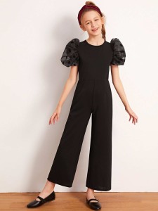 SHEIN Girls Flocked Dot Puff Sleeve Wide Leg Jumpsuit