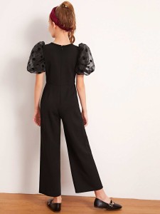 SHEIN Girls Flocked Dot Puff Sleeve Wide Leg Jumpsuit