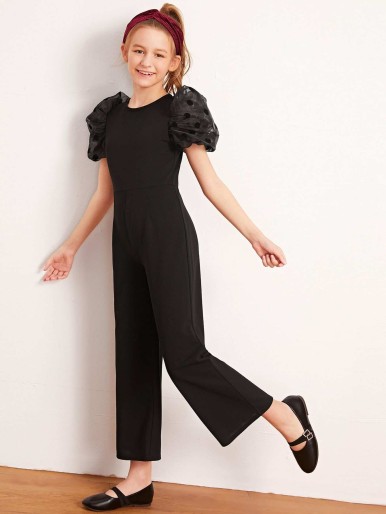 SHEIN Girls Flocked Dot Puff Sleeve Wide Leg Jumpsuit