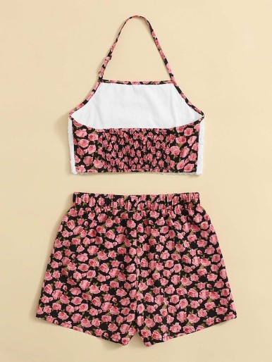 SHEIN Girls Floral Print Crochet Halter Top & Shorts Set