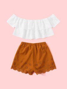 SHEIN Girls Layered Bardot Top & Laser Cut Shorts Set