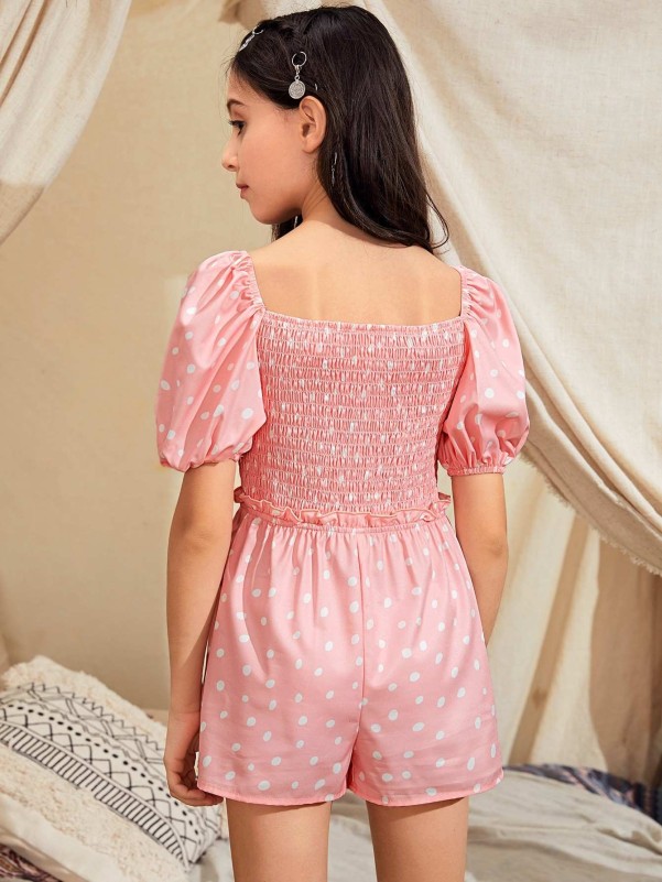 SHEIN Girls Puff Sleeve Shirred Bodice Frill Trim Polka Dot Romper