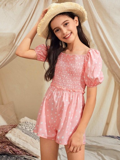 SHEIN Girls Puff Sleeve Shirred Bodice Frill Trim Polka Dot Romper