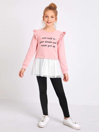 SHEIN Girls Slogan Graphic Ruffle Trim Contrast Mesh Pullover & Leggings Set