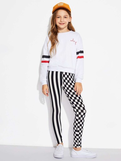 SHEIN Girls Stripe and Check Print Leggings