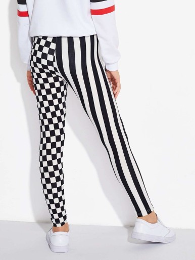 SHEIN Girls Stripe and Check Print Leggings