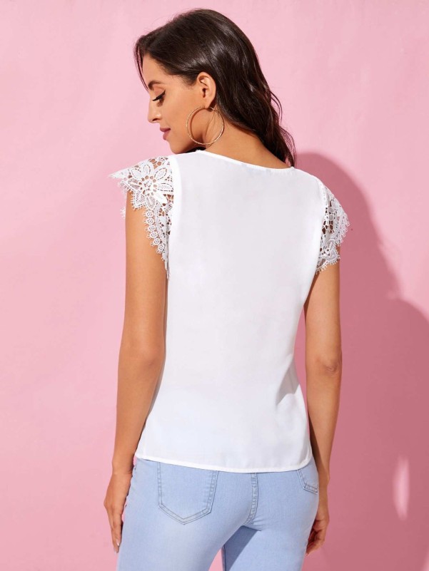SHEIN Lace Sleeve Fold Pleated Front Top