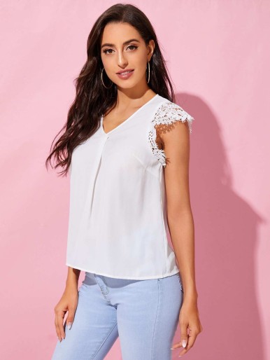 SHEIN Lace Sleeve Fold Pleated Front Top