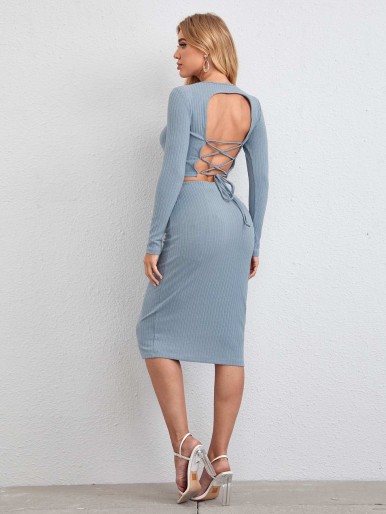 SHEIN Lace Up Backless Rib-knit Top & Pencil Skirt Set