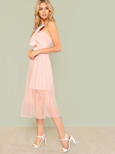 Exaggerate Bow Embellished Mesh Overlay Strapless Dress