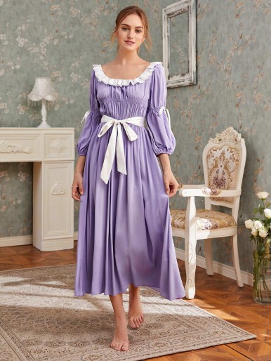 SHEIN Lantern Sleeve Contrast Schiffy Trim Ruched Detail Belted Nightdress