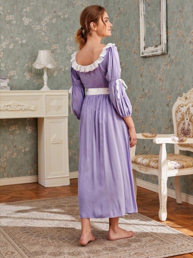 SHEIN Lantern Sleeve Contrast Schiffy Trim Ruched Detail Belted Nightdress