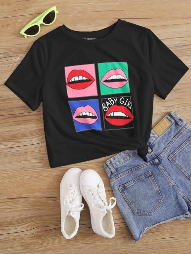 SHEIN Letter & Lip Print Tee