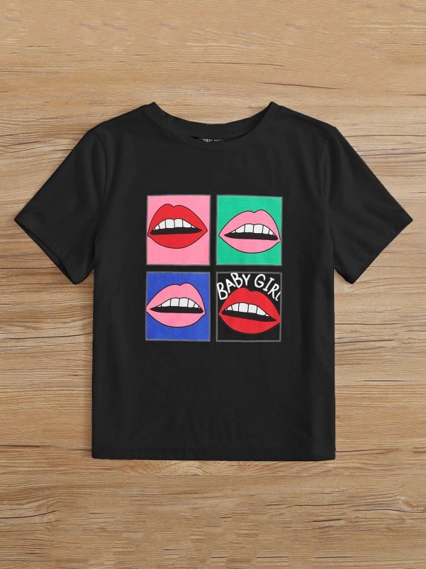 SHEIN Letter & Lip Print Tee