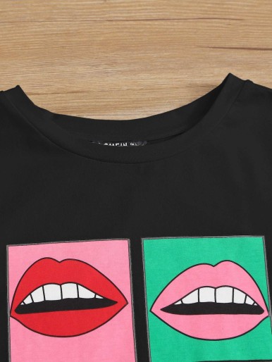 SHEIN Letter & Lip Print Tee