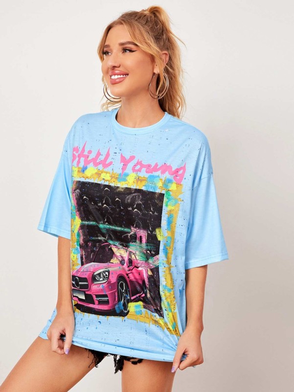 SHEIN Letter and Car Print Drop Shoulder Oversized Longline Tee