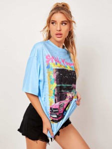 SHEIN Letter and Car Print Drop Shoulder Oversized Longline Tee