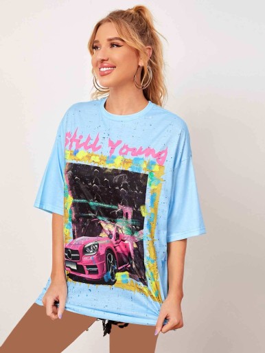 SHEIN Letter and Car Print Drop Shoulder Oversized Longline Tee