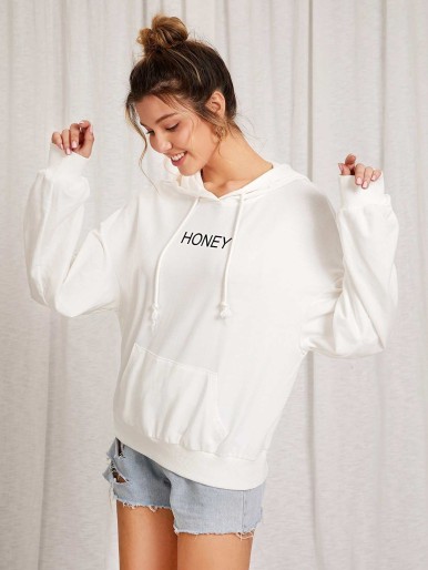 SHEIN Letter Graphic Pouch Pocket Drawstring Hoodie