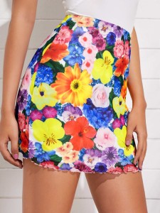 SHEIN Lettuce Hem Floral Mesh Skirt