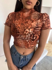 SHEIN Lettuce Trim Leopard Sheer Mesh Top Without Bra