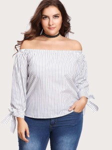 Plus Knotted Cuff Vertical Striped Top