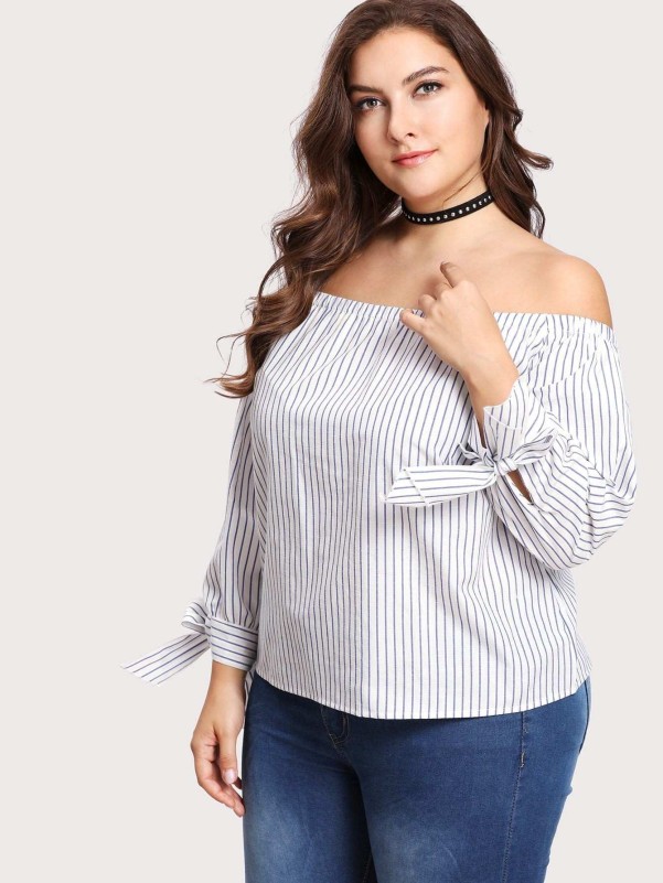 Plus Knotted Cuff Vertical Striped Top