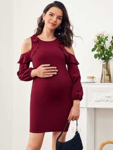 SHEIN Maternity Cold Shoulder Ruffle Trim Bodycon Dress