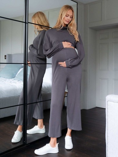 SHEIN Maternity Cowl Neck Drop Shoulder Crop Pullover & Palazzo Pants Set