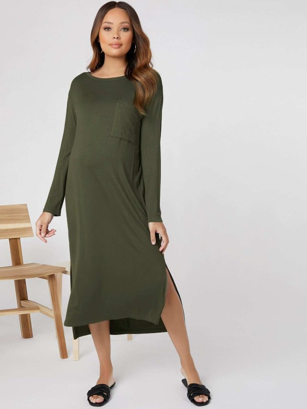 SHEIN Maternity Drop Shoulder Patch Pocket Split Hem Dress