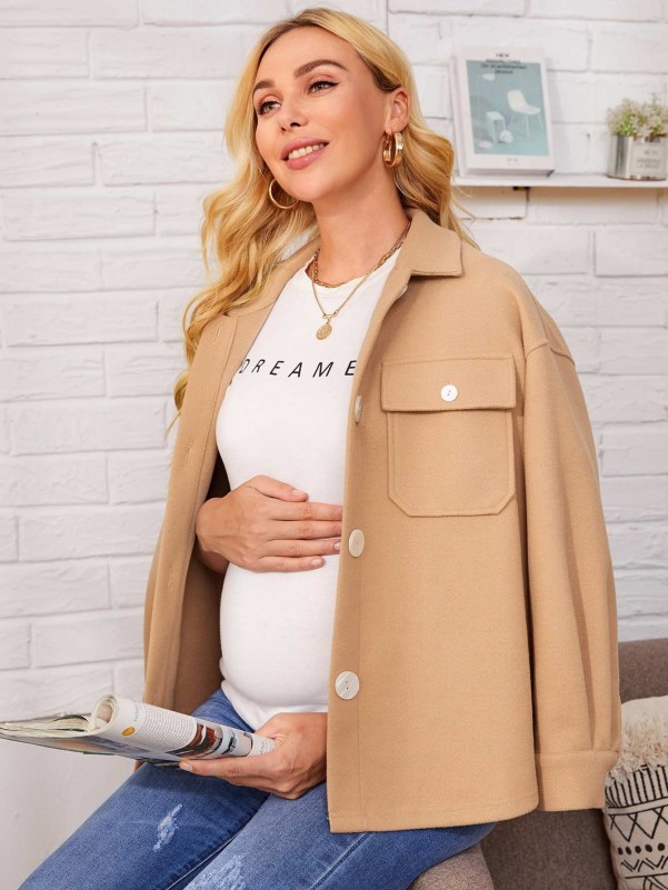 SHEIN Maternity Flap Pocket Front Drop Shoulder Coat